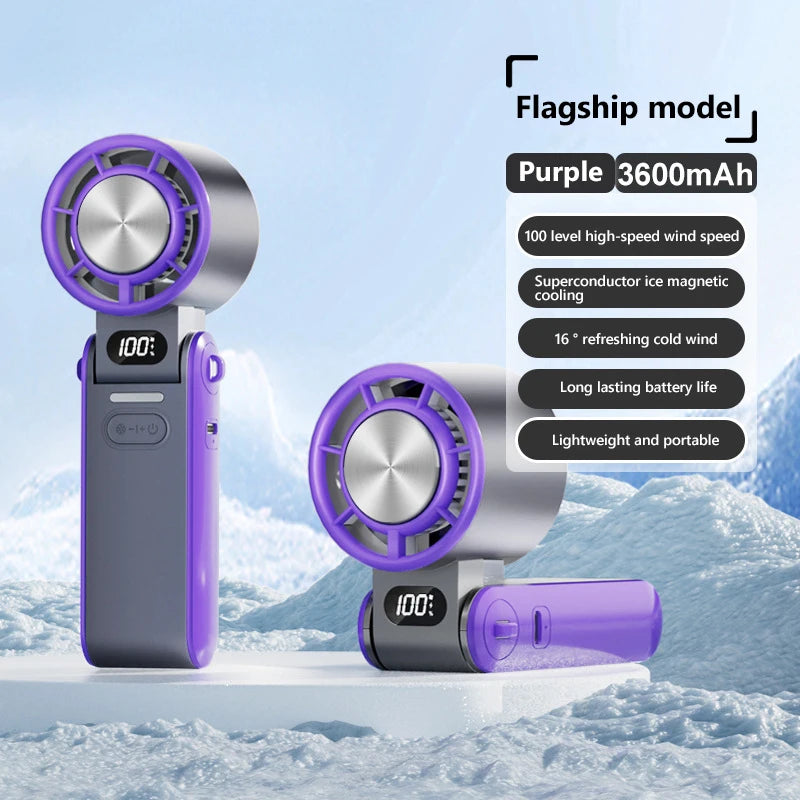 Ice Pack Refrigeration Small Fan High Speed Handheld Outdoor Portable Foldable Hanging Neckdigital Display Regulation Fan