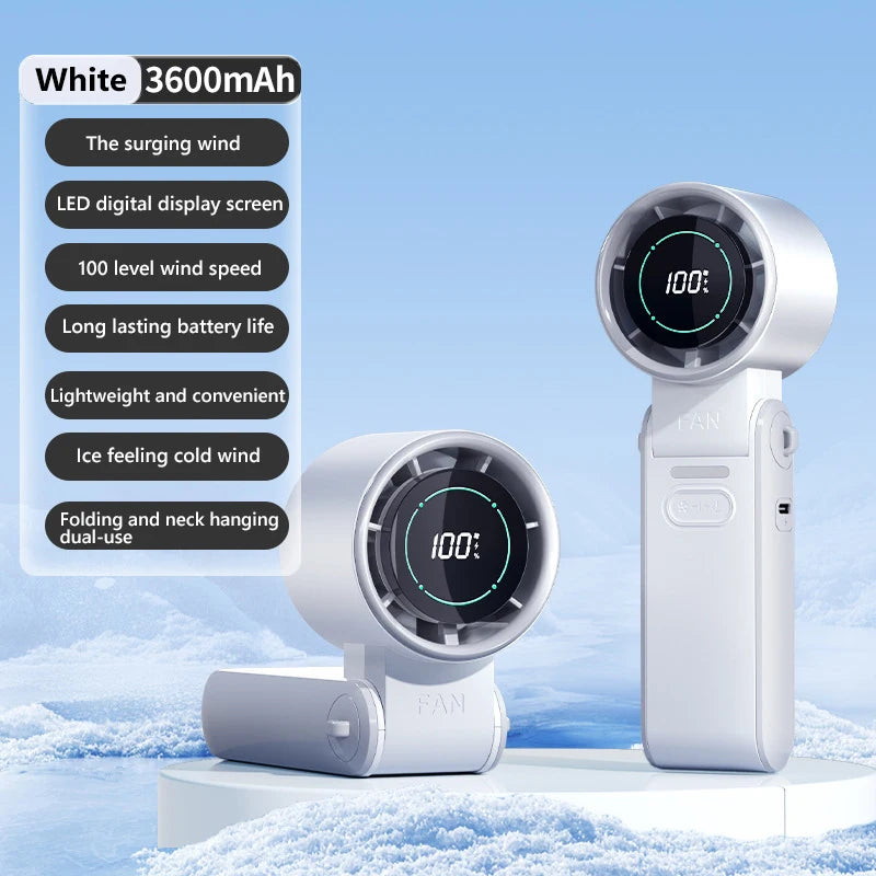 Ice Pack Refrigeration Small Fan High Speed Handheld Outdoor Portable Foldable Hanging Neckdigital Display Regulation Fan
