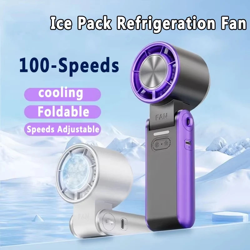 Ice Pack Refrigeration Small Fan High Speed Handheld Outdoor Portable Foldable Hanging Neckdigital Display Regulation Fan