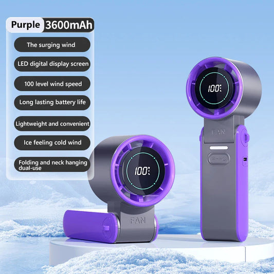 Ice Pack Refrigeration Small Fan High Speed Handheld Outdoor Portable Foldable Hanging Neckdigital Display Regulation Fan