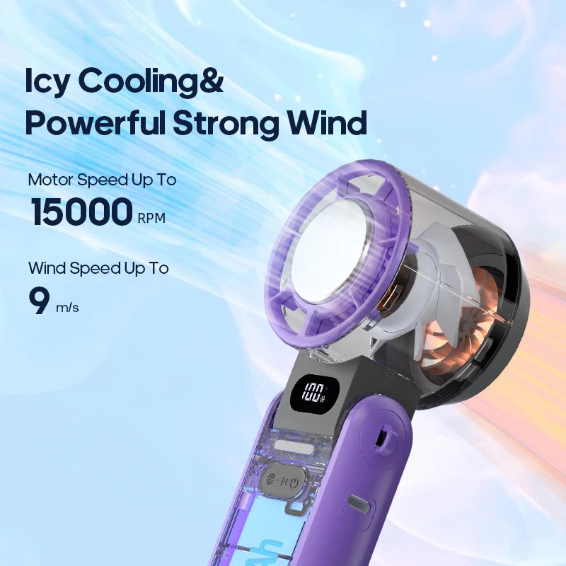 Ice Pack Refrigeration Small Fan High Speed Handheld Outdoor Portable Foldable Hanging Neckdigital Display Regulation Fan